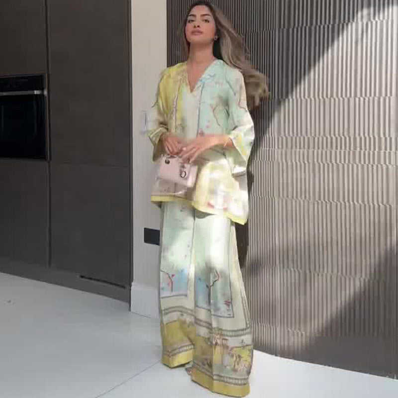 Elegant printed top+wide leg pants two-piece set