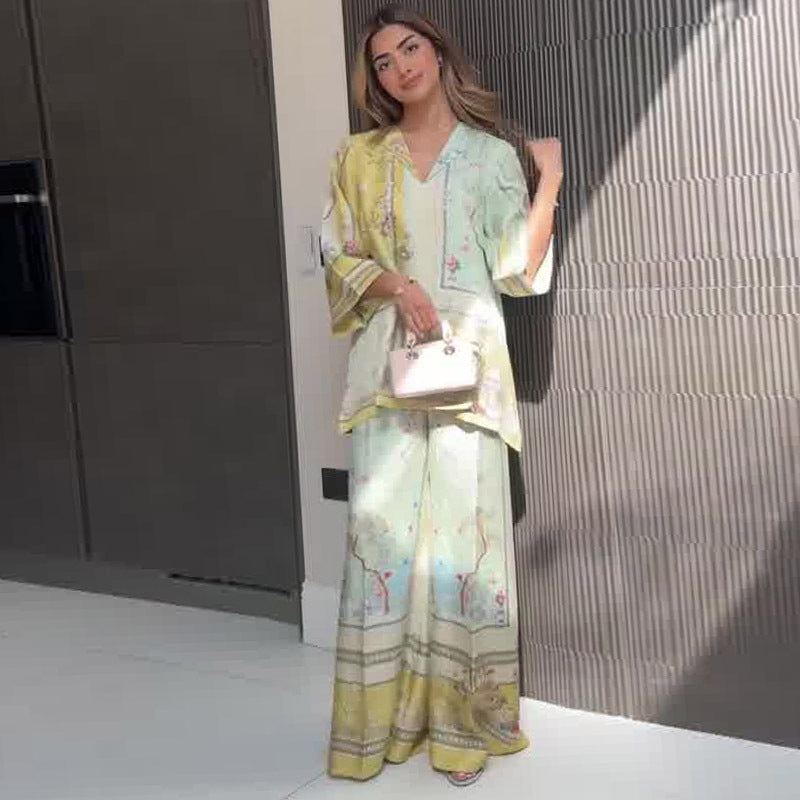 Elegant printed top+wide leg pants two-piece set