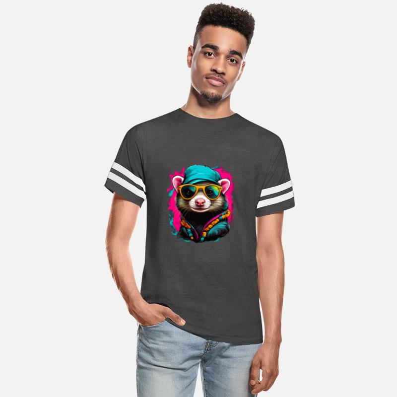 A hippy ferret head dons small round sunglasses,