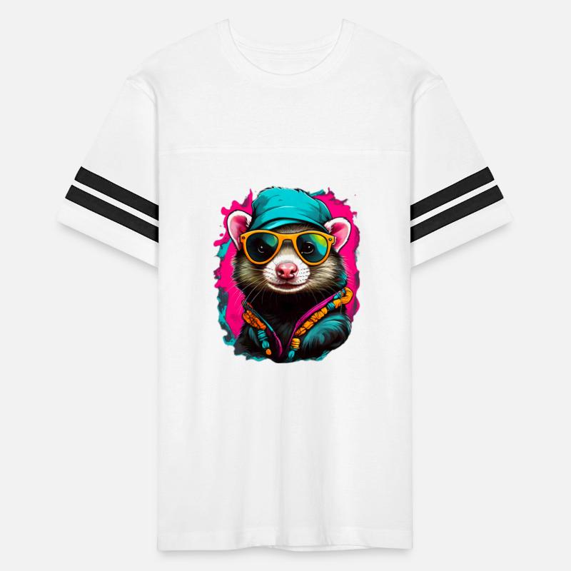 A hippy ferret head dons small round sunglasses,