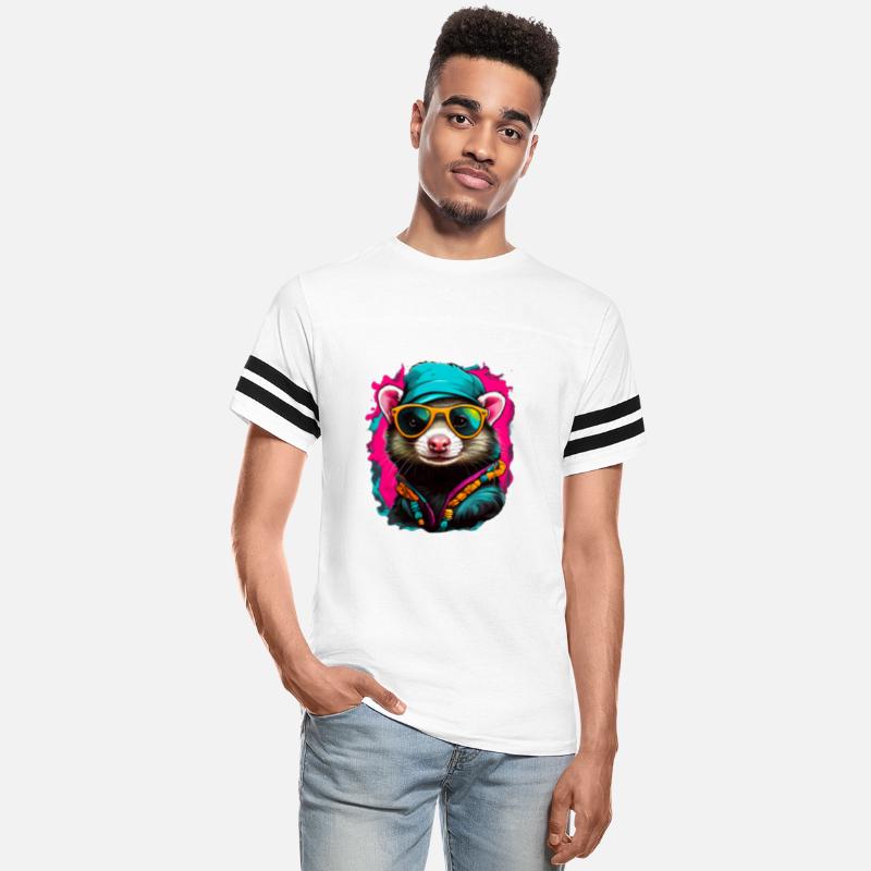 A hippy ferret head dons small round sunglasses,