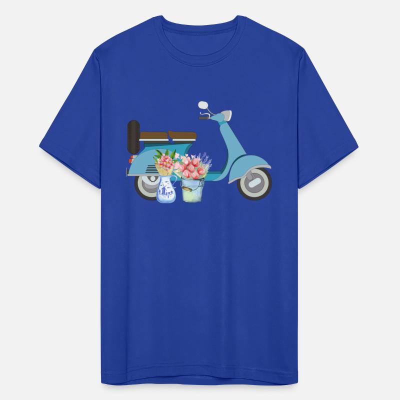 Blue Retro Scooter With Tulips Art Design