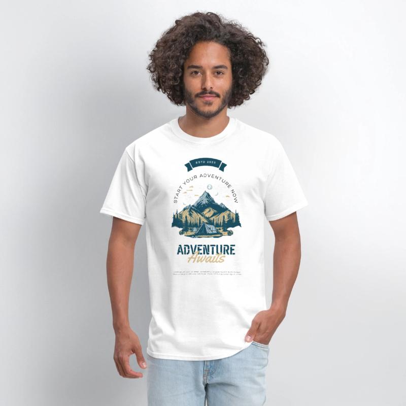 Cream Green Illustrated Adventure Awaits T Shirt