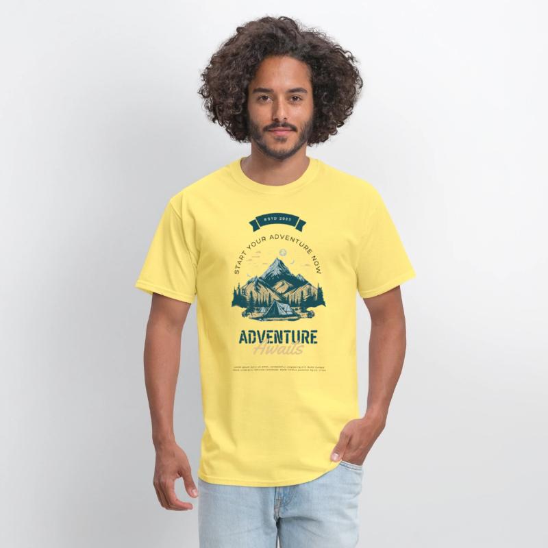 Cream Green Illustrated Adventure Awaits T Shirt