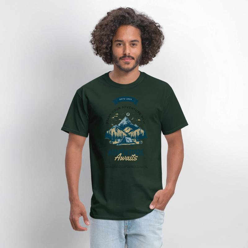 Cream Green Illustrated Adventure Awaits T Shirt