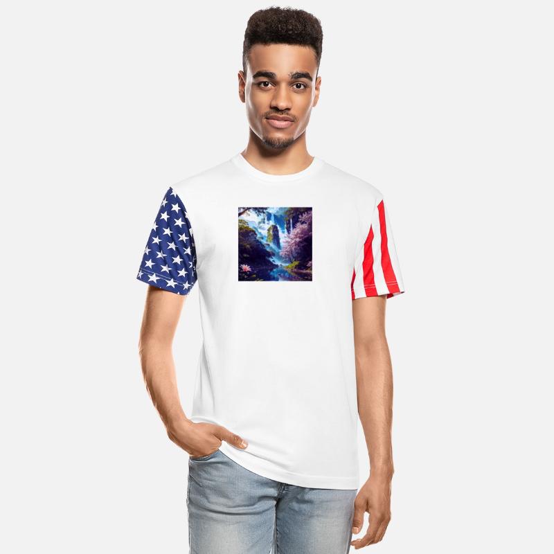 Waterfall in Forest with Pink Flowers and Ducks